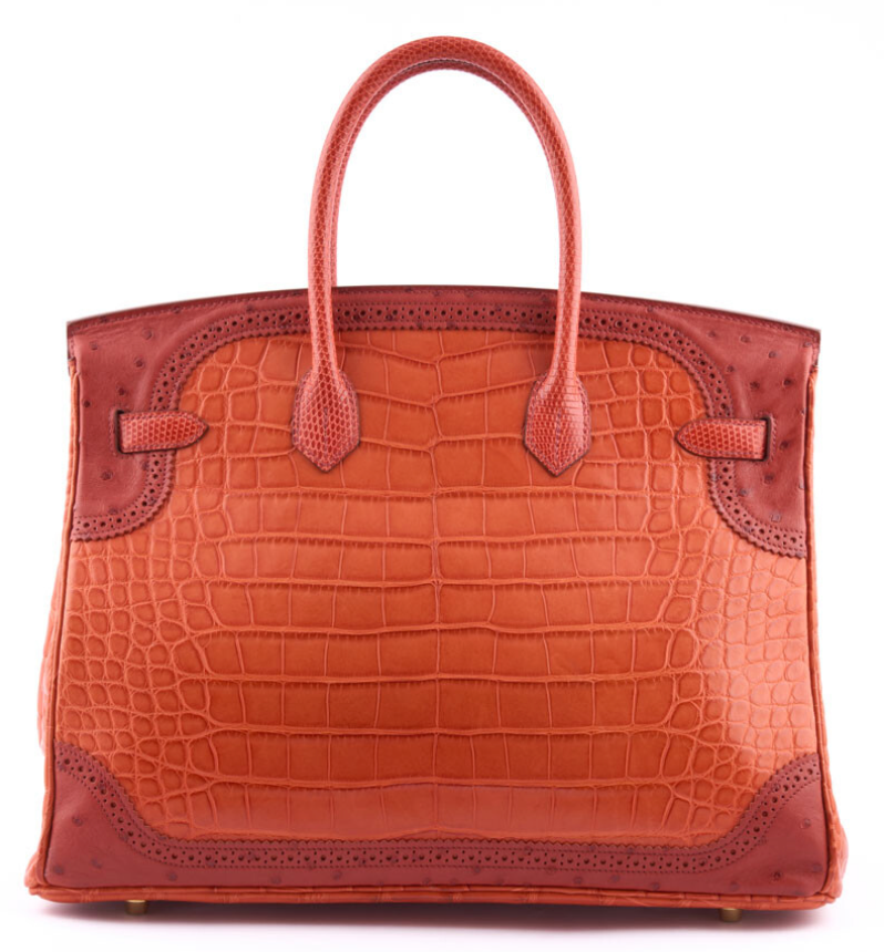 HERMES Birkin 35 Grand Mariage Ghillies Sanguine Mat Alligator, Autruche, Lézard Finition Permabrass