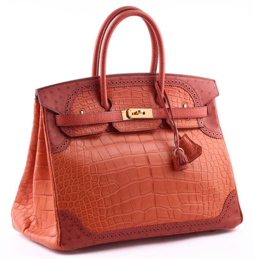 HERMES Birkin 35 Grand Mariage Ghillies Sanguine Mat Alligator, Autruche, Lézard Finition Permabrass
