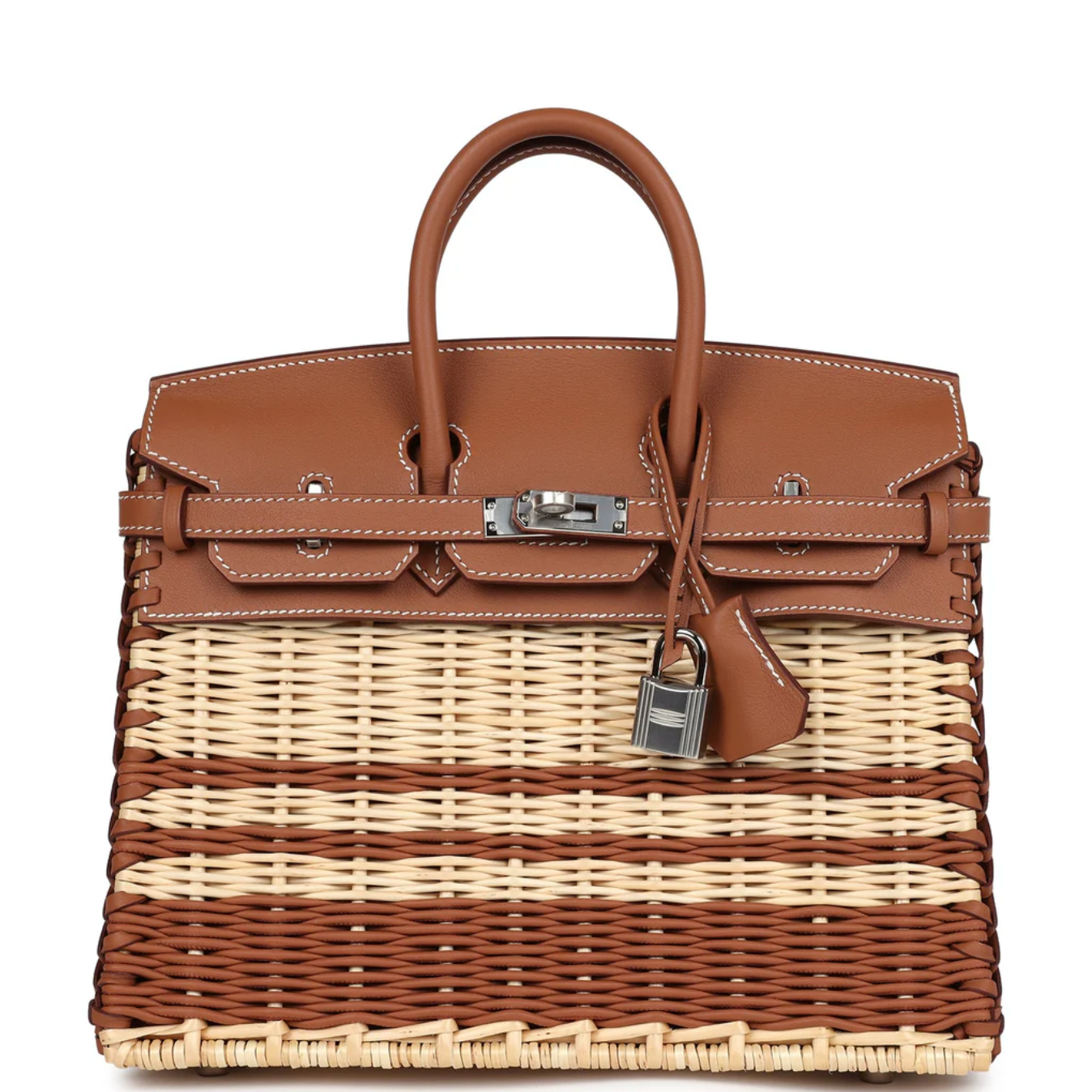 HERMES Birkin 25 Picnic Gold Cuir Swift/Osier Rayé Finition Palladié