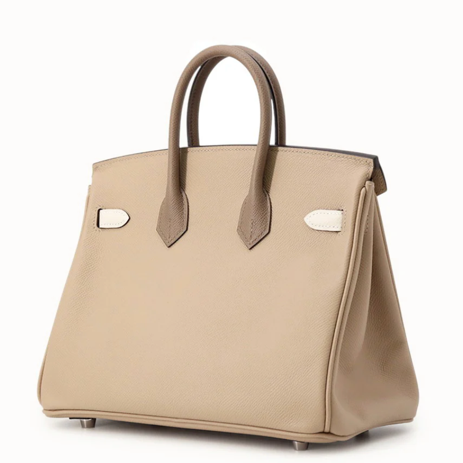 HERMES Birkin 25 Tricolor Trench/Craie/Etoupe Cuir Epsom Finition Palladié