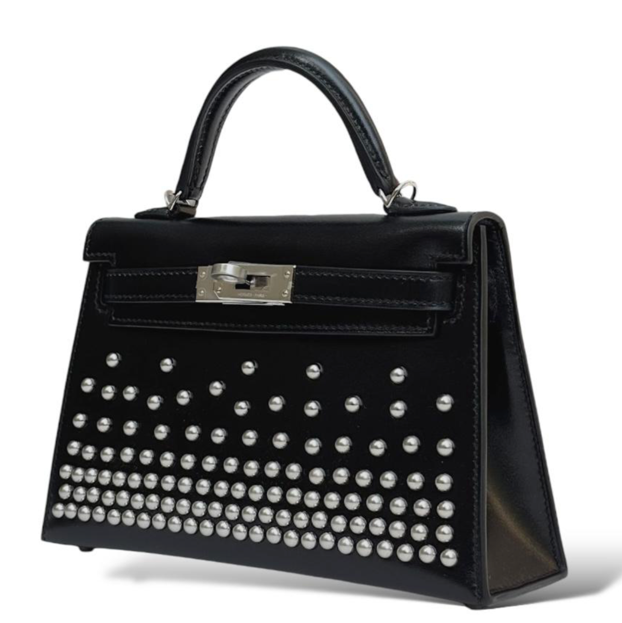 HERMES Kelly 20 Cloute Noir Cuir Box Finition Palladié