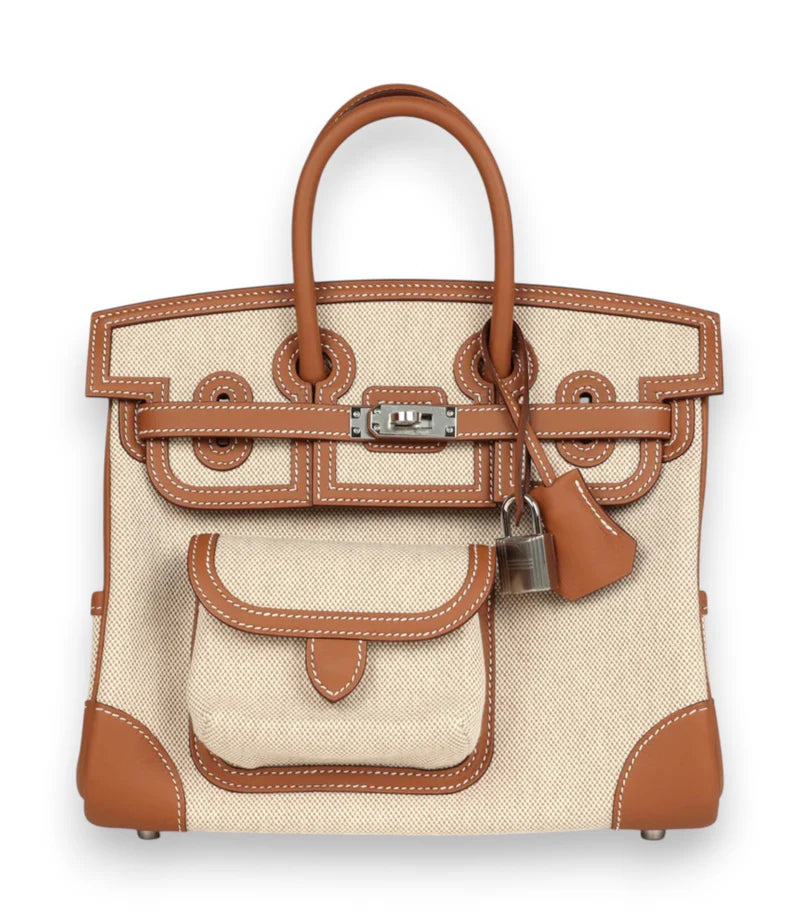HERMES Birkin 25 Cargo Ecru / Gold Toile & Swift Finition Palladié