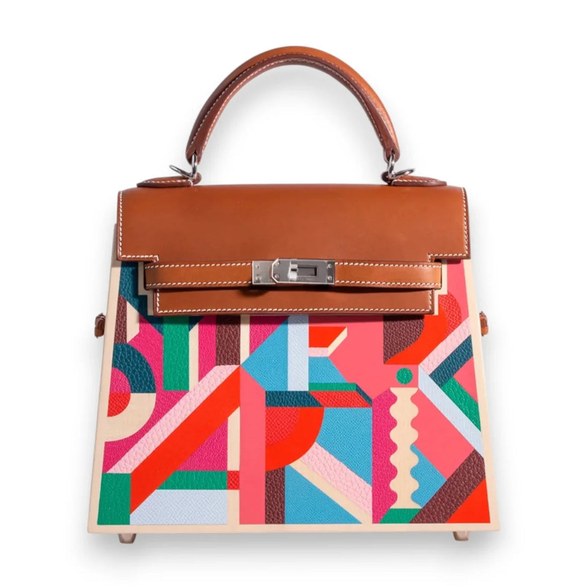 Hermès Kelly Wood 22 « Perspective Cavalière » Hêtre Massif & Barénia Fauve Marqueterie Multicolore Finition Palladié