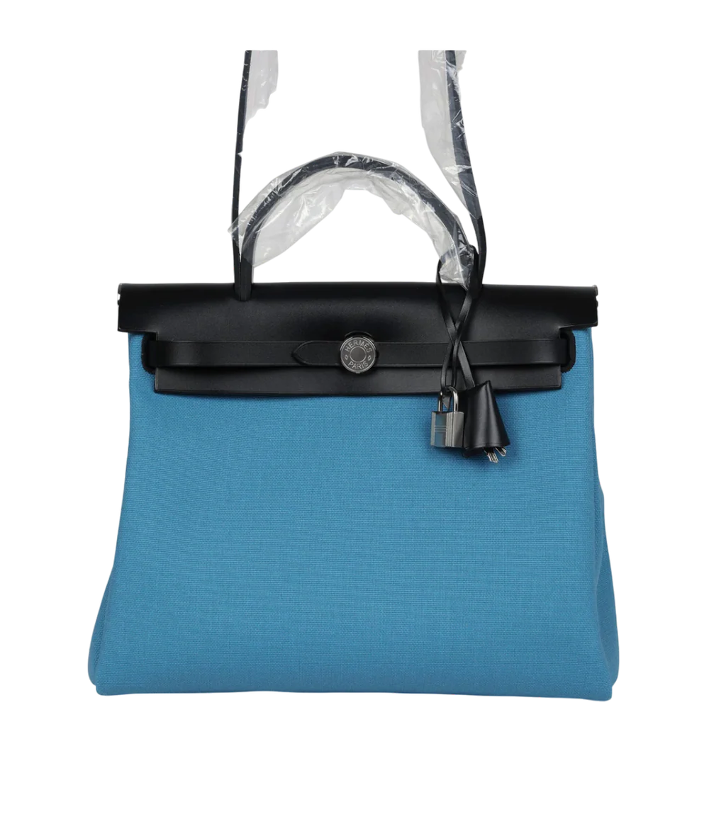 HERMES HERBAG 31 MILITARY CANVAS VACHE HUNTER BLEU & NOIR