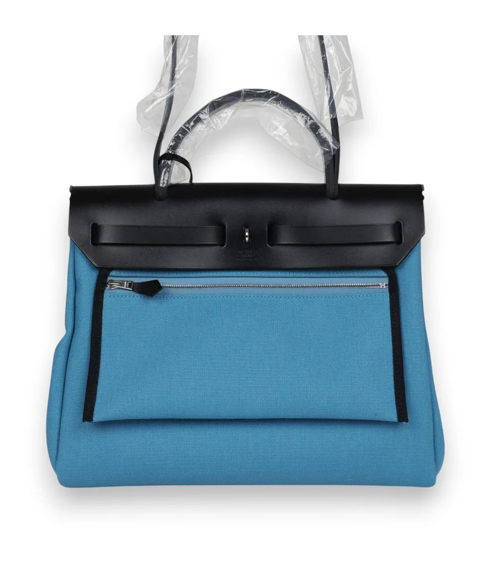 HERMES HERBAG 31 MILITARY CANVAS VACHE HUNTER BLEU & NOIR