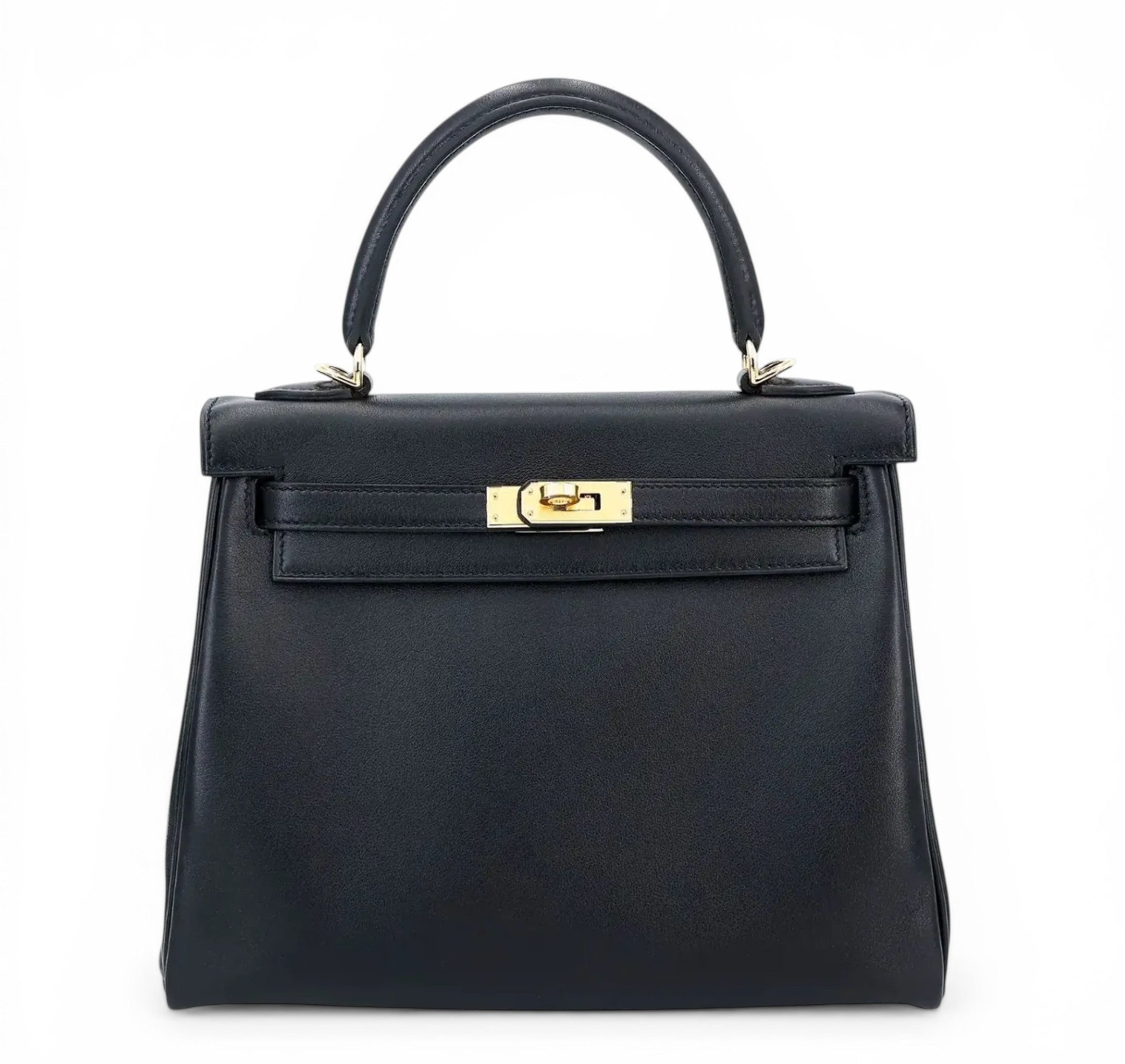 HERMES Kelly 25 Noir Veau Cheri Finition Or Jaune