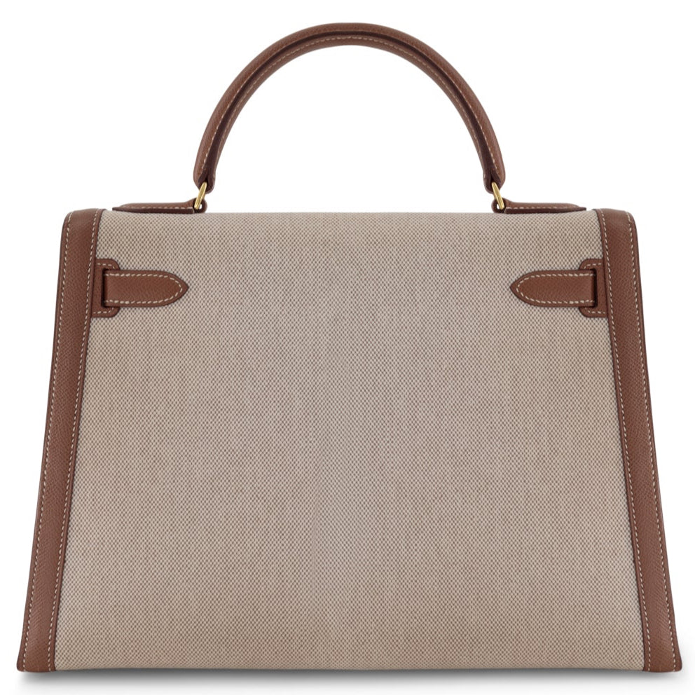 HERMES Kelly 32 Gold Toile Finition Or Jaune