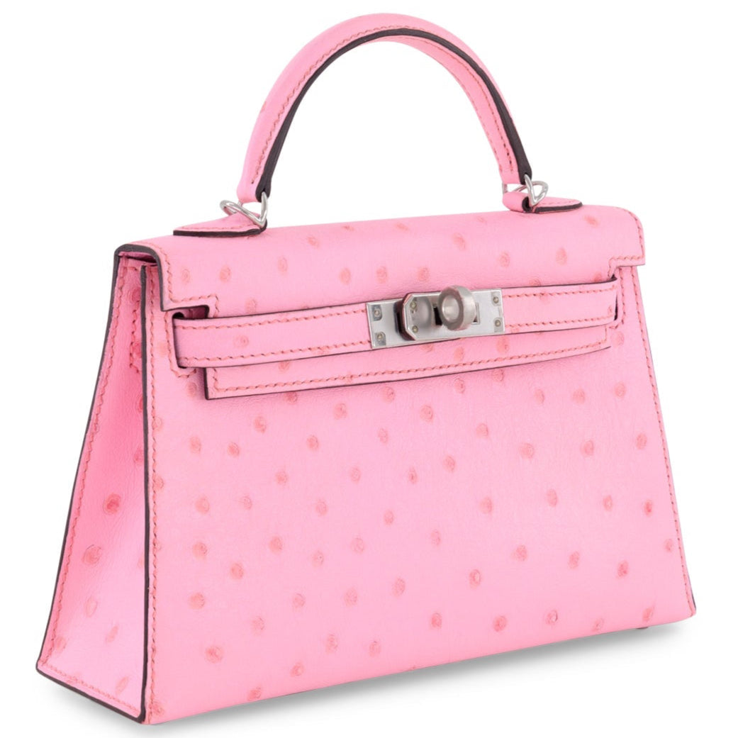 HERMES Kelly 20 Bubblegum Autruche Finition Palladié