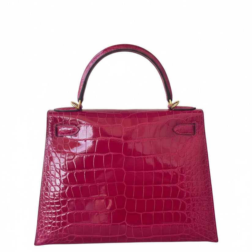 HERMES Kelly 28 Rose Pourpre Alligator Finition Or Jaune