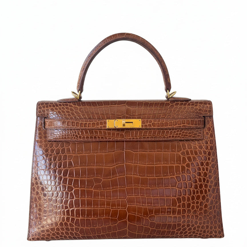 HERMES Kelly 35 Marron Crocodile Finition Or Jaune