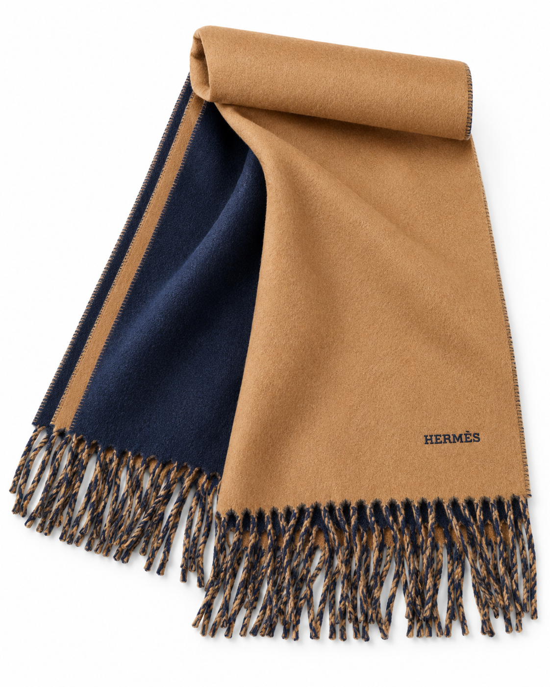 HERMÈS ÉCHARPE RECTO VERSO EN CACHEMIRE CAMEL ET MARINE