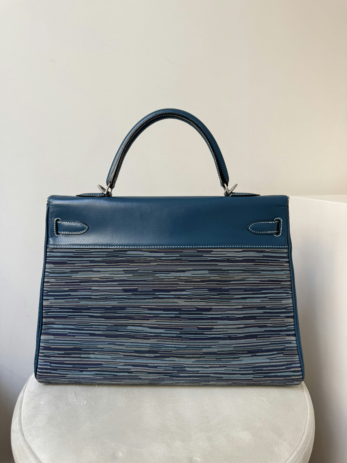 HERMÈS KELLY 35 VIBRATO BLEU THALASSA BOX, PALLADIUM HARDWARE