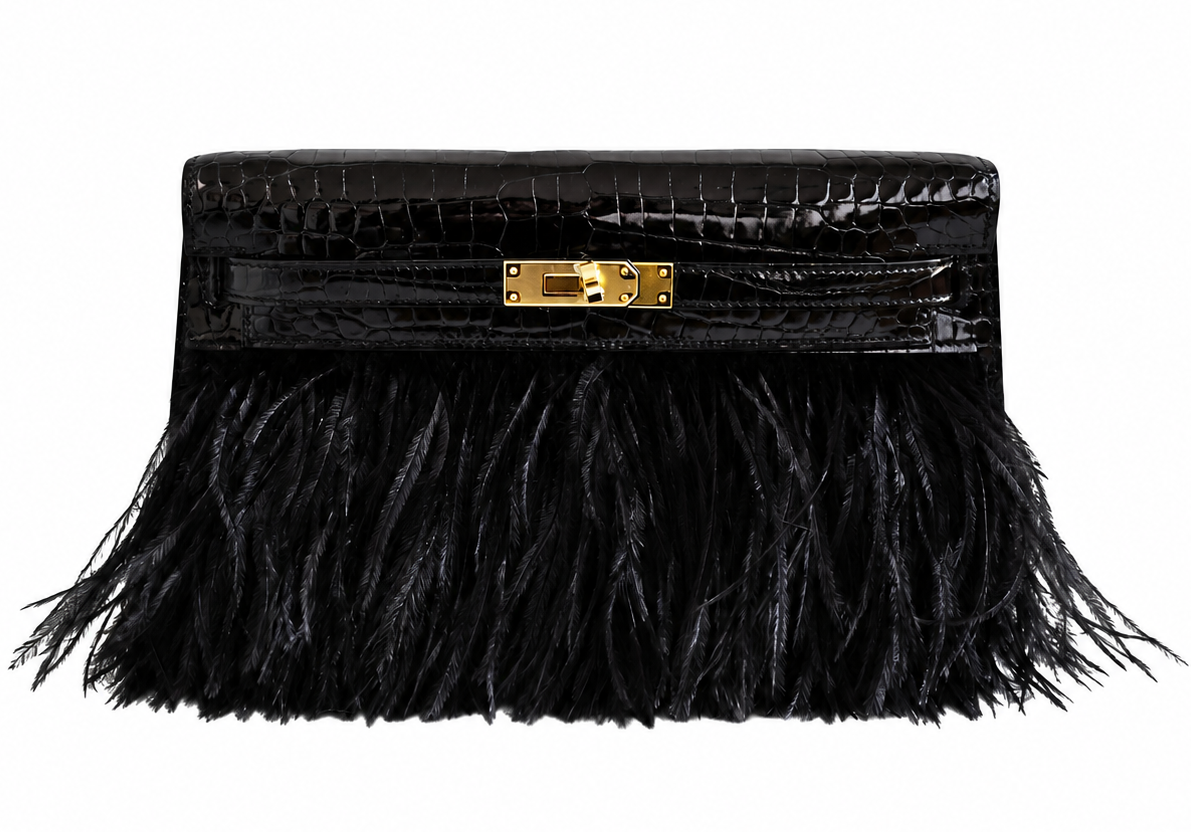HERMÈS KELLY ELAN FOLIE CROCODILE POROSUS NOIR & PLUMES D'AUTRUCHE FINITION OR JAUNE
