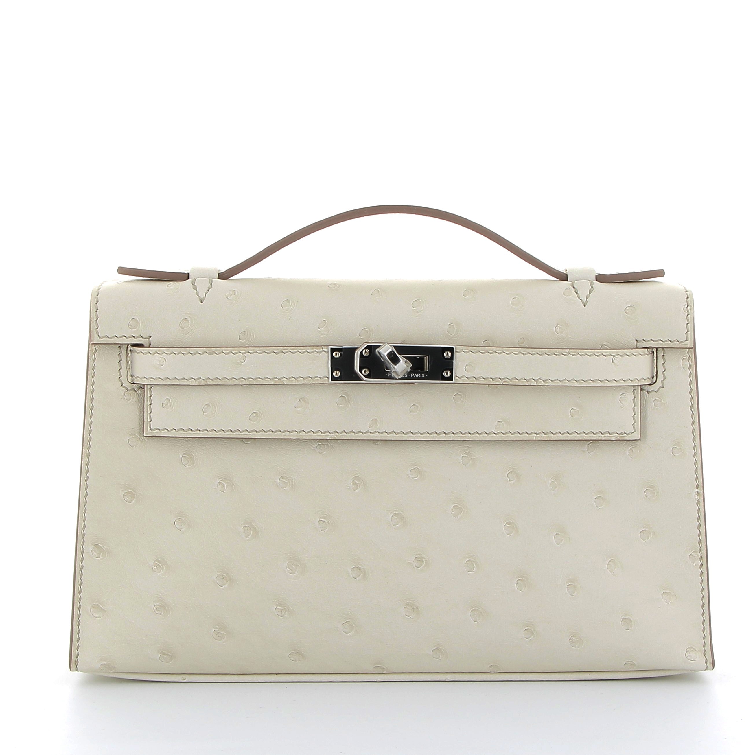 HERMES Kelly Pochette Béton Autruche Finition Palladié