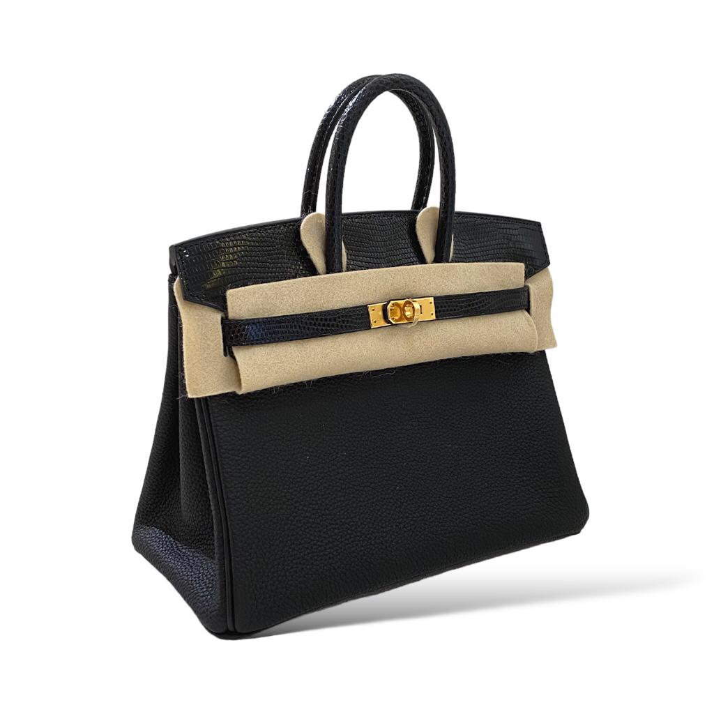 HERMES Birkin 25 Touch Noir Cuir Togo/ Lézard Finition Or Jaune