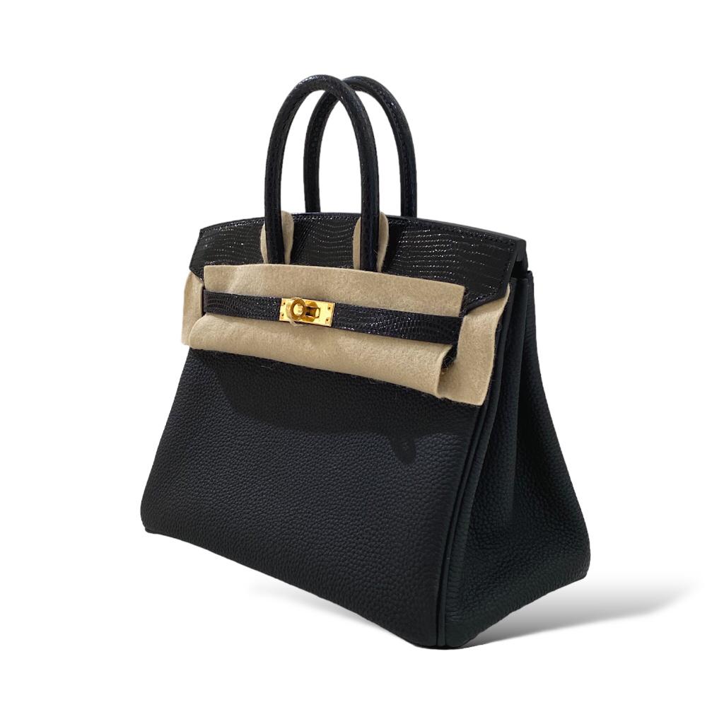 HERMES Birkin 25 Touch Noir Cuir Togo/ Lézard Finition Or Jaune