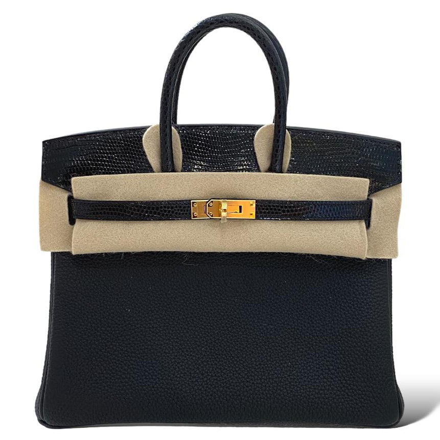 HERMES Birkin 25 Touch Noir Cuir Togo/ Lézard Finition Or Jaune