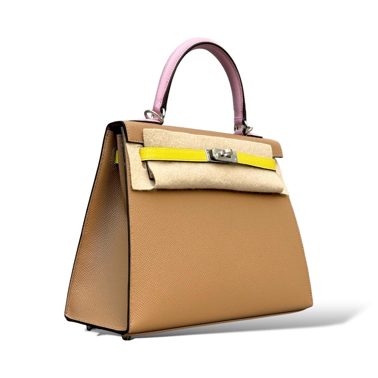 HERMES Kelly 25 Tricolor Chai / Lime / Mauve Sylvestre Cuir Epsom Finition Palladié