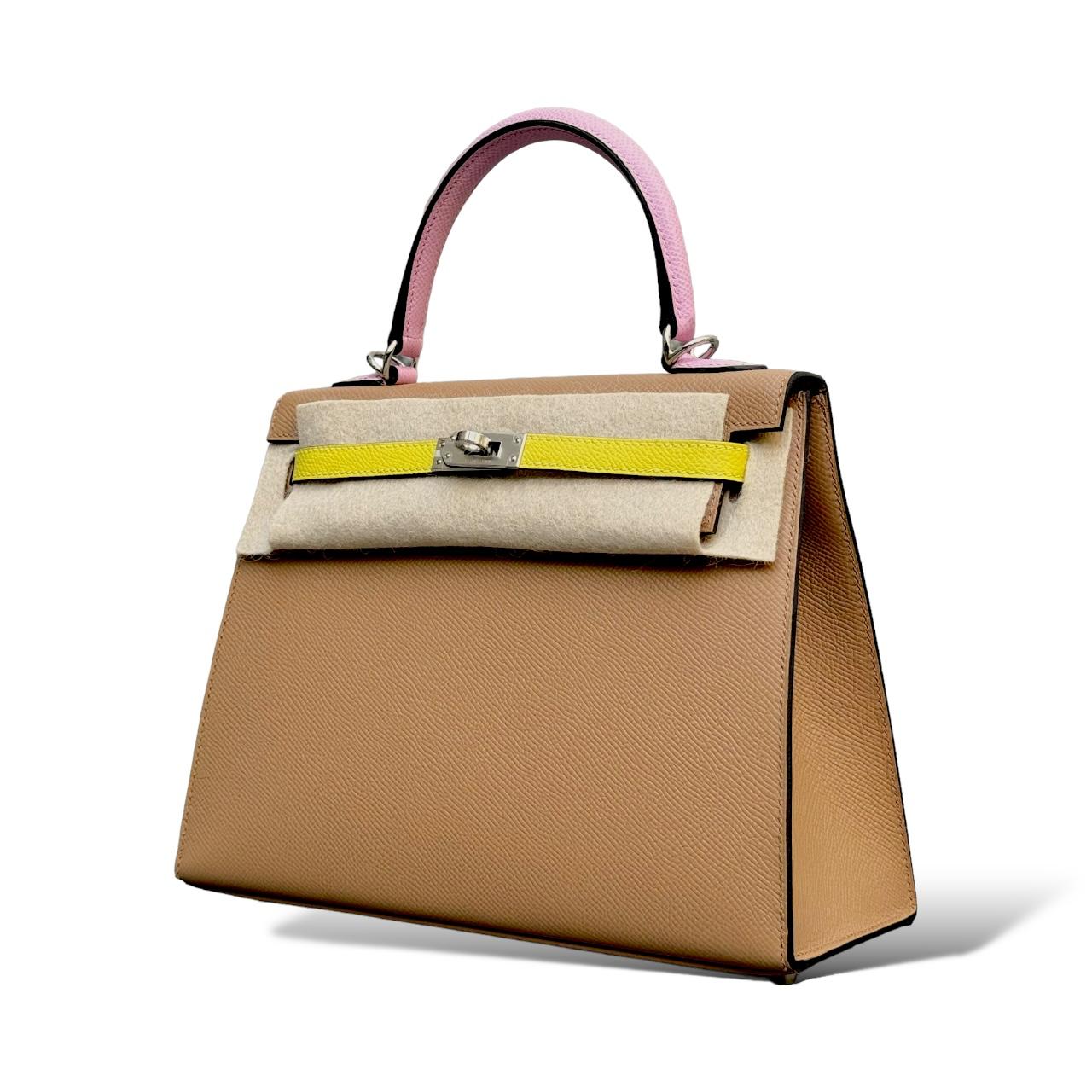 HERMES Kelly 25 Tricolor Chai / Lime / Mauve Sylvestre Cuir Epsom Finition Palladié