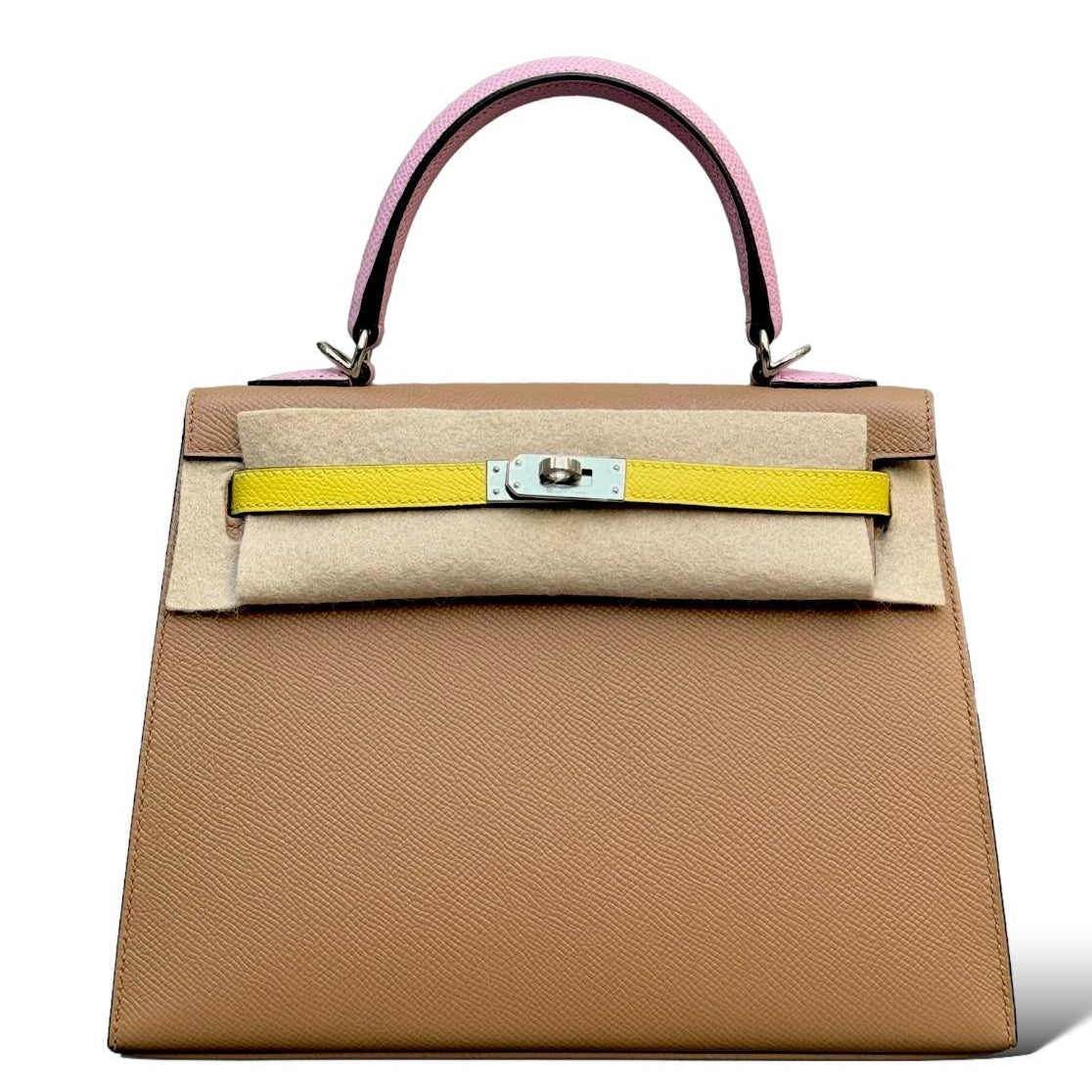 HERMES Kelly 25 Tricolor Chai / Lime / Mauve Sylvestre Cuir Epsom Finition Palladié