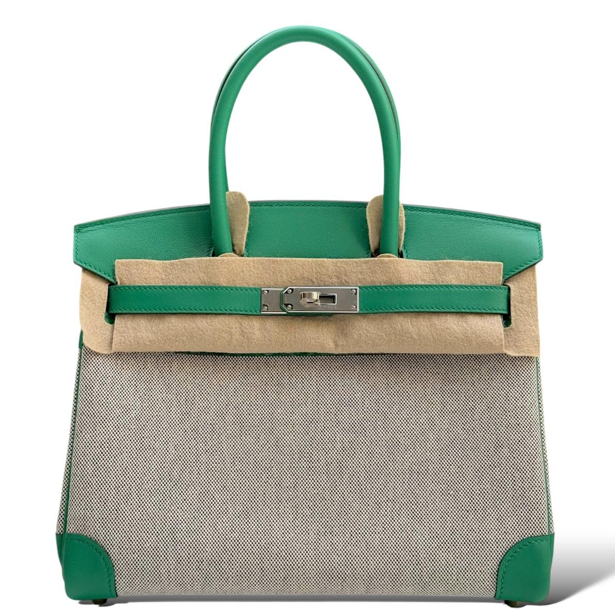 HERMES Birkin 30 Vert Vertigo/Ecru Toile H/Swift Finition Palladié