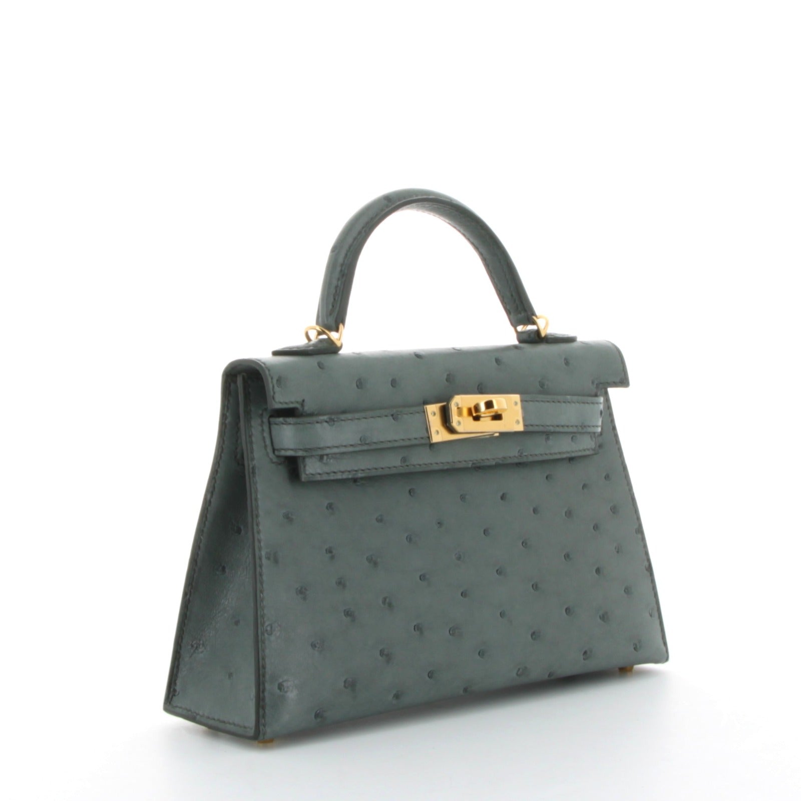 HERMES Kelly 20 Autruche Boréale Vert Amande Finition Or Jaune