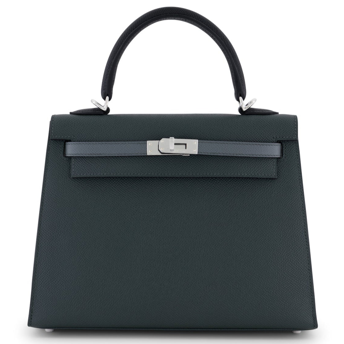 HERMES Kelly 25 Tricolore Vert Mangrove / Vert amande / Noir Cuir Epsom Finition Palladié