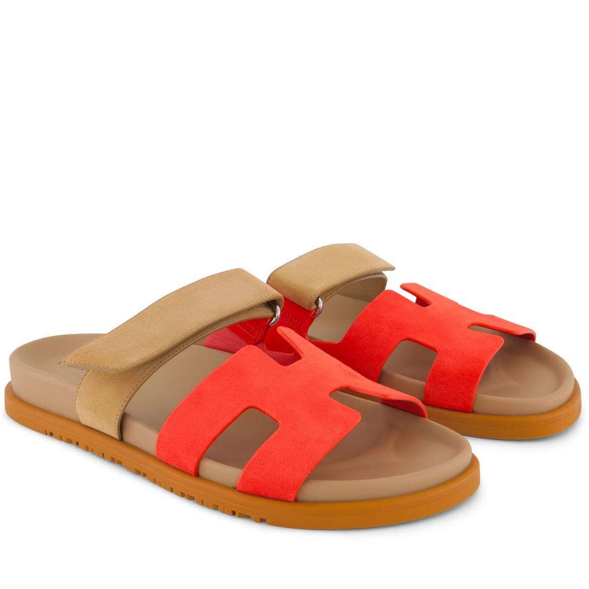 HERMÈS Chypre Sandales Rouge Grenadine / Beige Albinos Chèvre Velours