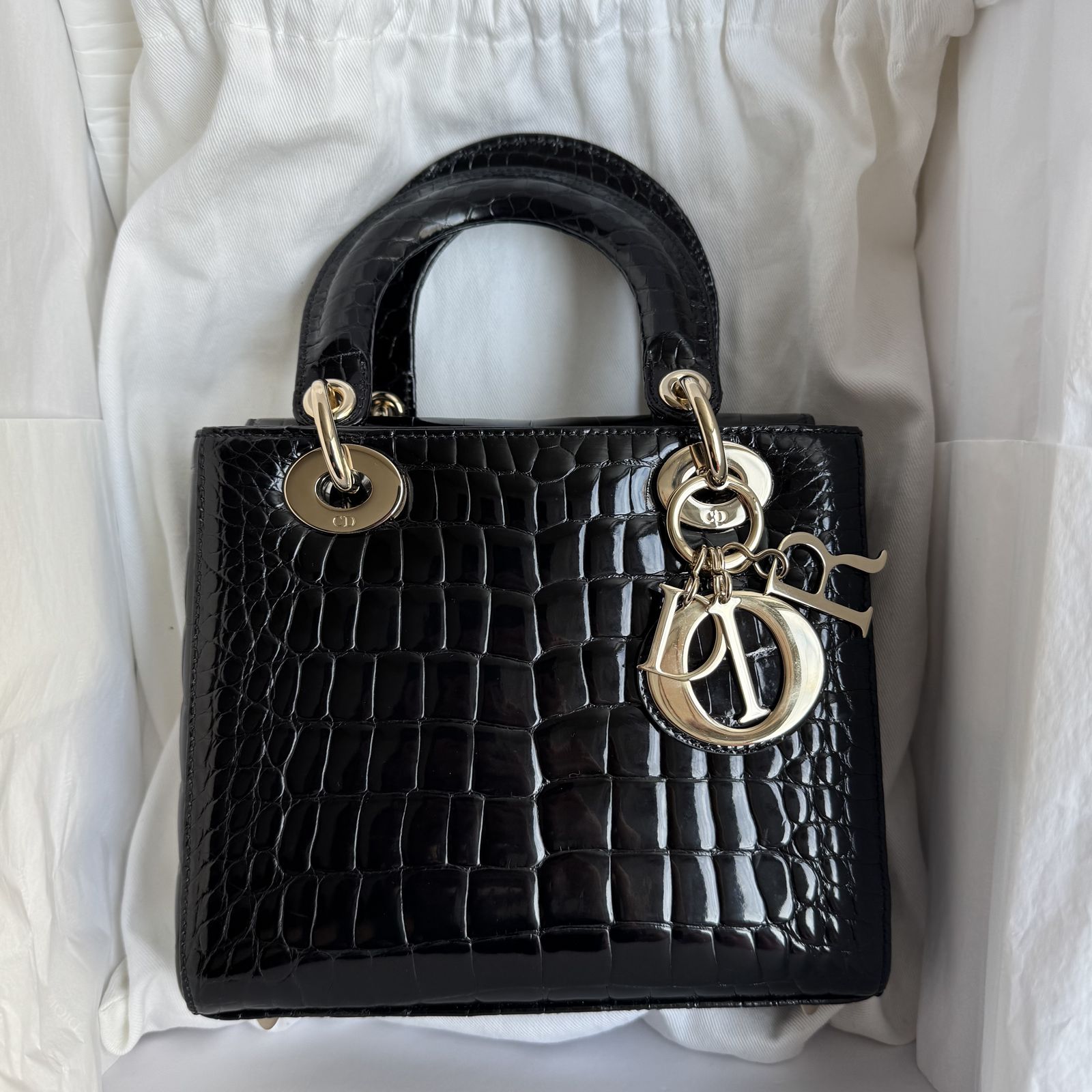 CHRISTIAN DIOR Lady Dior Small Noir Alligator Rose Gold Hardware