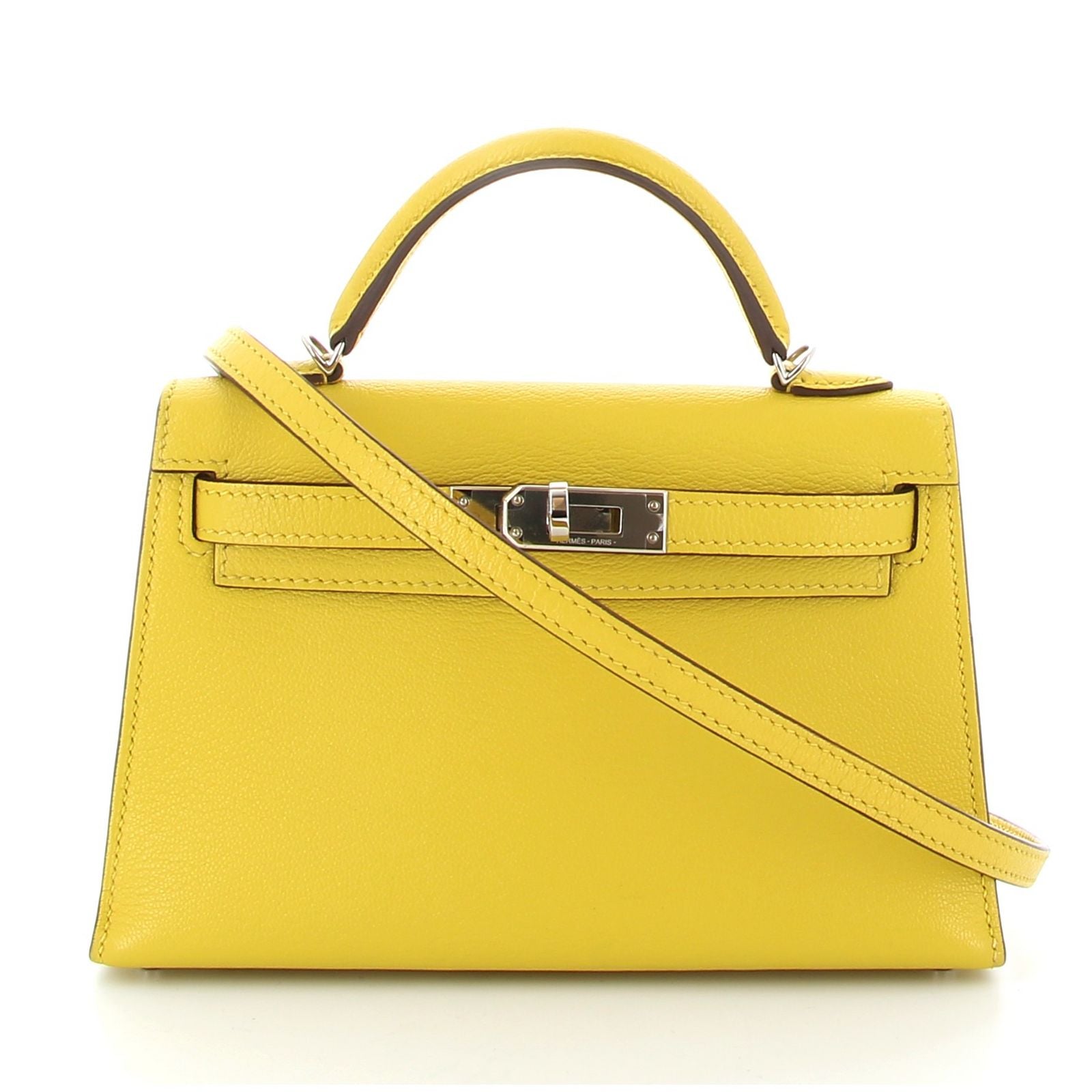 Hermès Mini Kelly 20 Jaune de Naples Verso Beton Chevre Finition Palladié