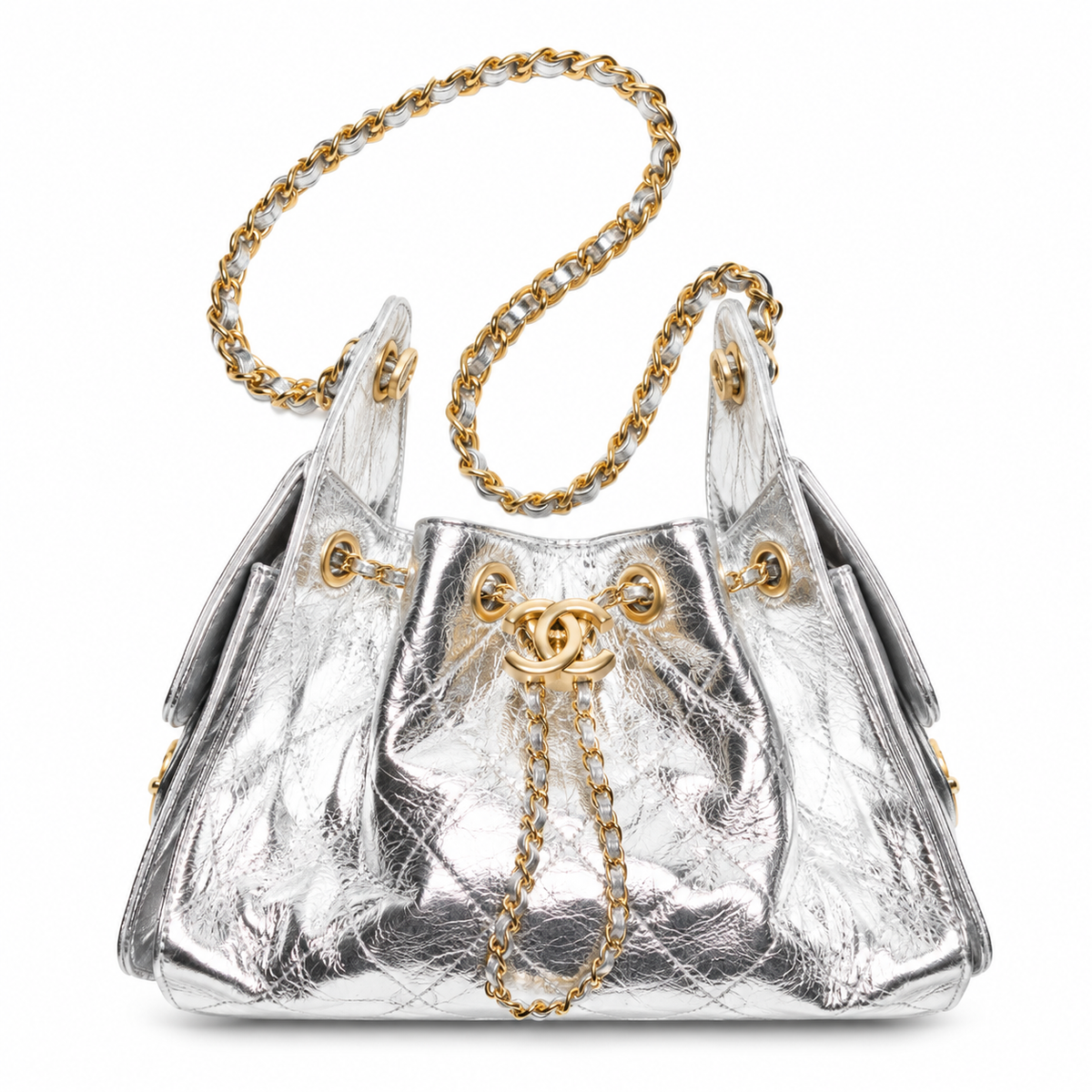 CHANEL 25 MINI HANDBAG EN CUIR DE VEAU MÉTALLISÉ ARGENTÉ FINITION OR JAUNE