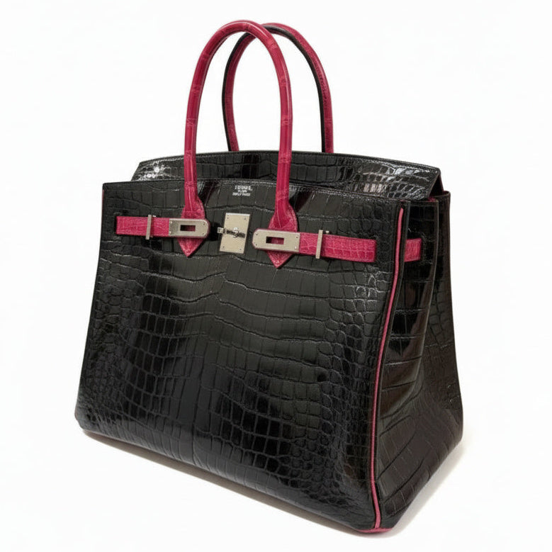 HERMES Birkin 35 Bicolor Noir/Rose Sheherazade Crocodile Porosus Finition Palladié