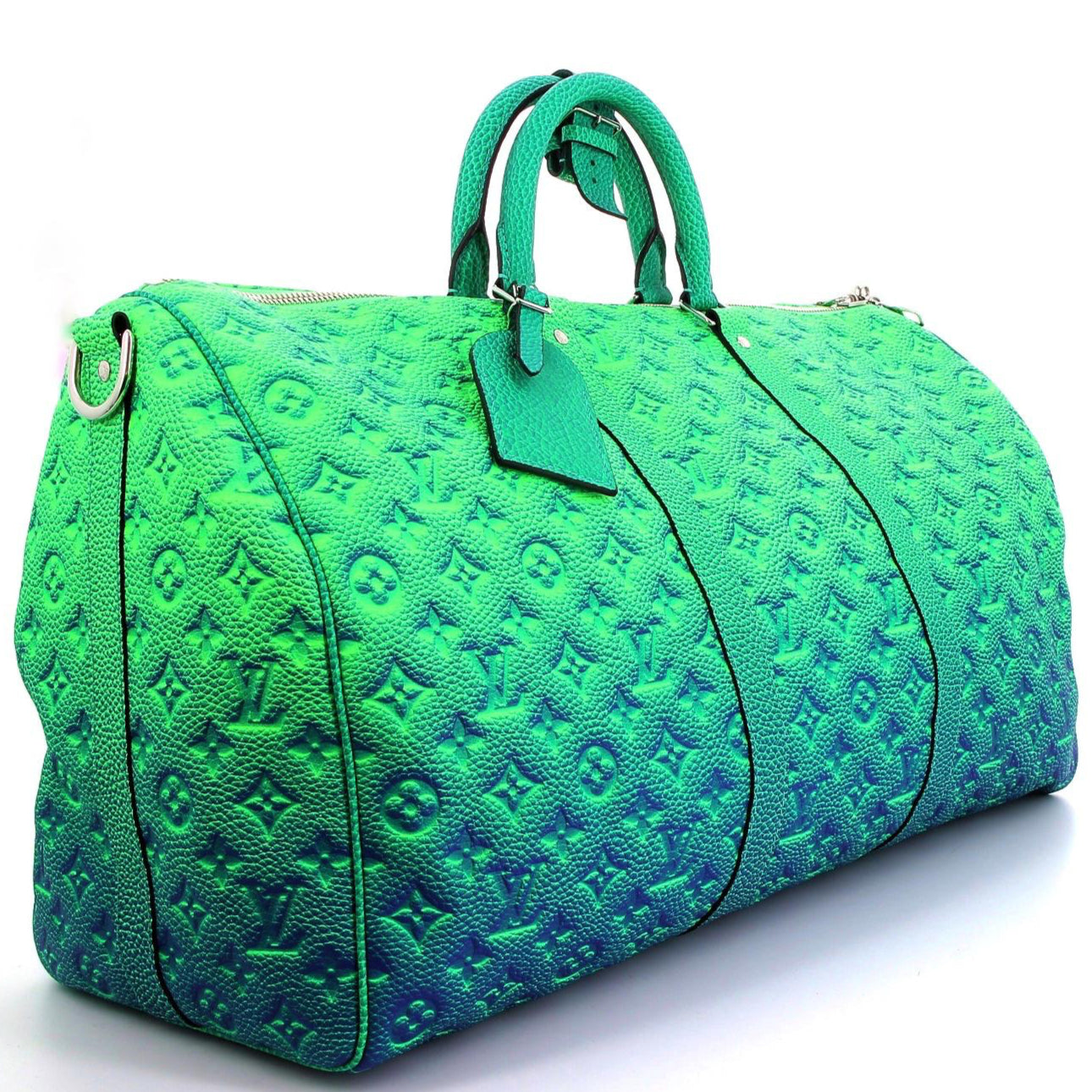 LOUIS VUITTON x VIRGIL ABLOH Keepall 50 Bleu/Vert Monogram Taurillon Illusion Finition Argenté