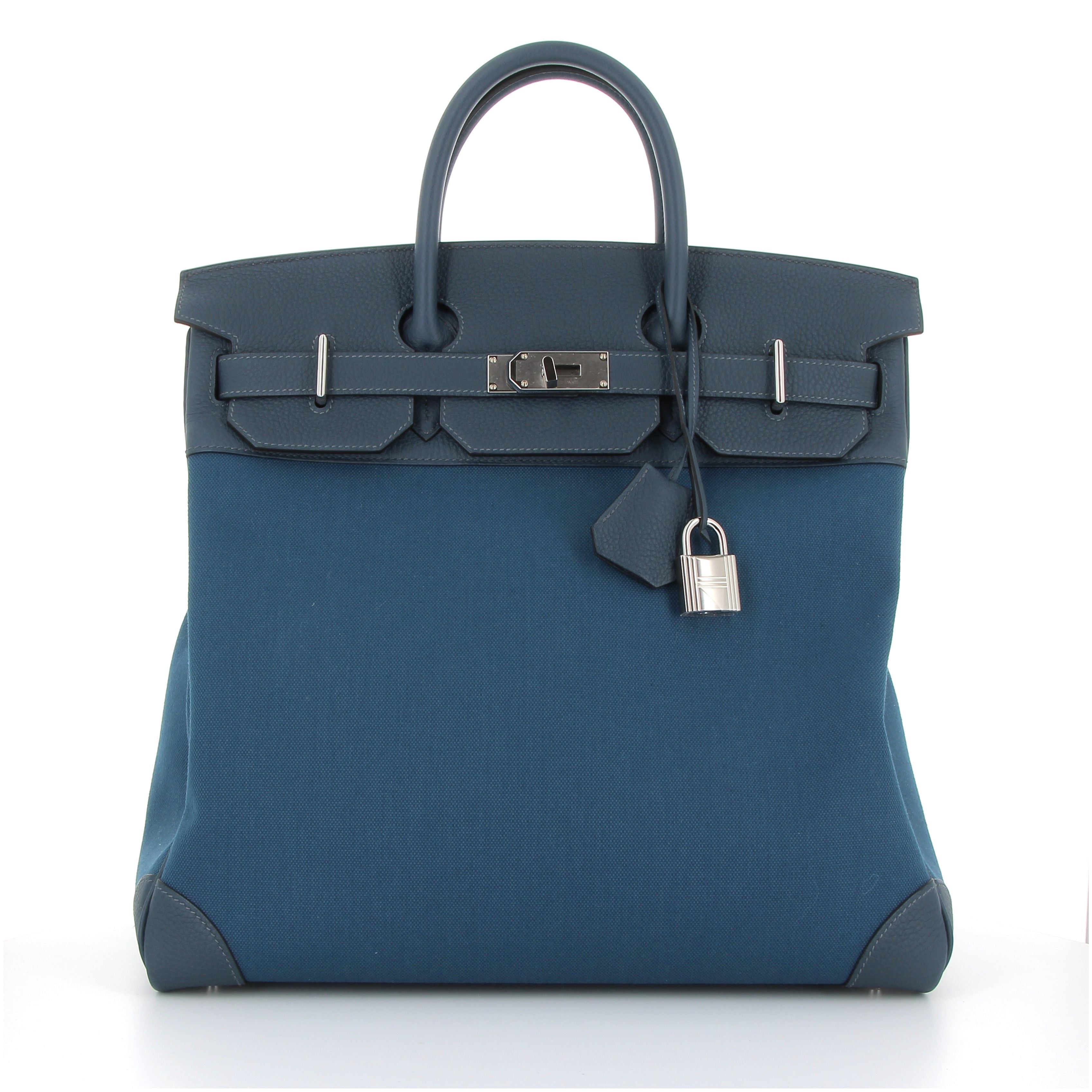 HERMES HAC 40 Toile Militaire Veau Togo Bleu Thalassa