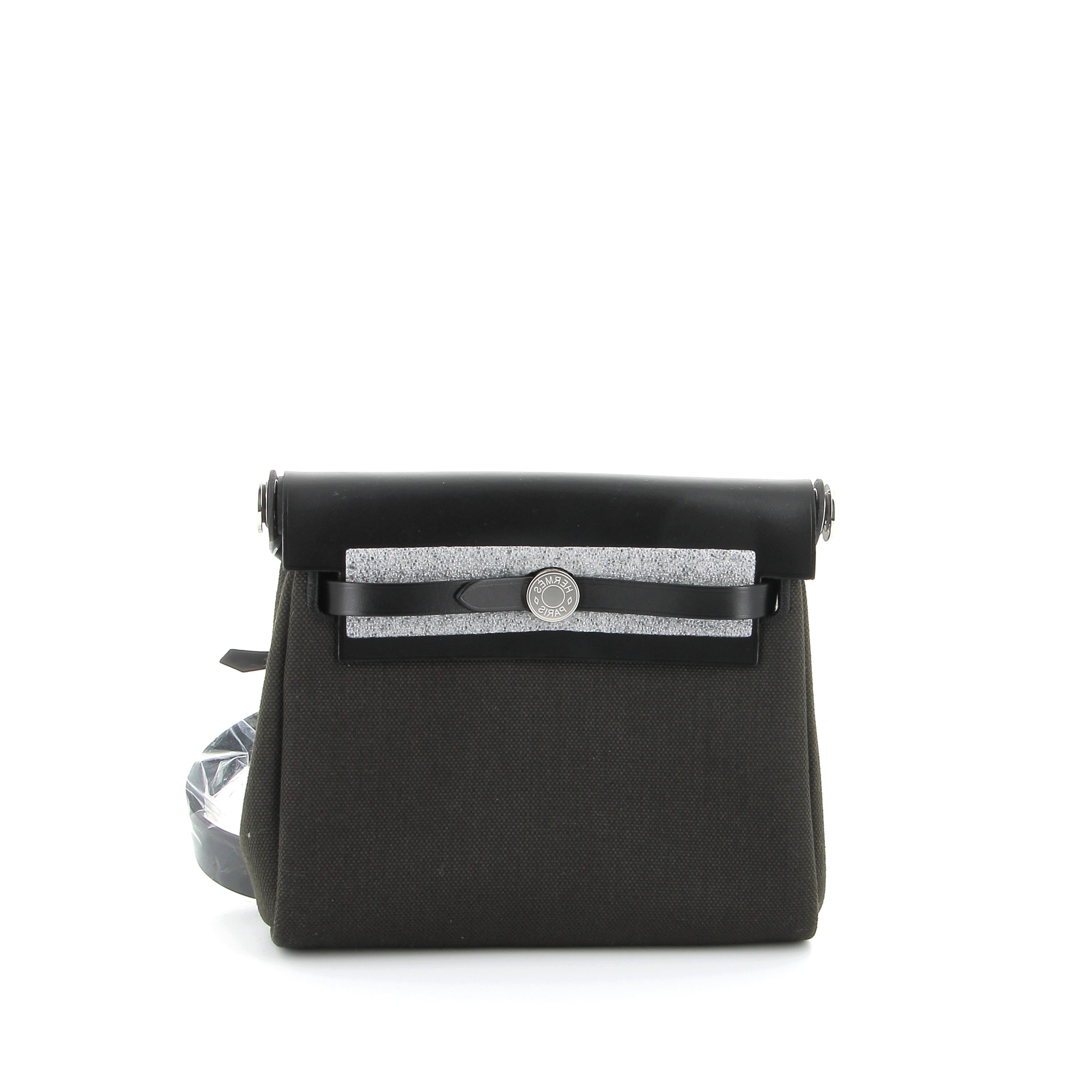 HERMÈS Mini Herbag 20 Noir Swift/Toile Finition Palladié