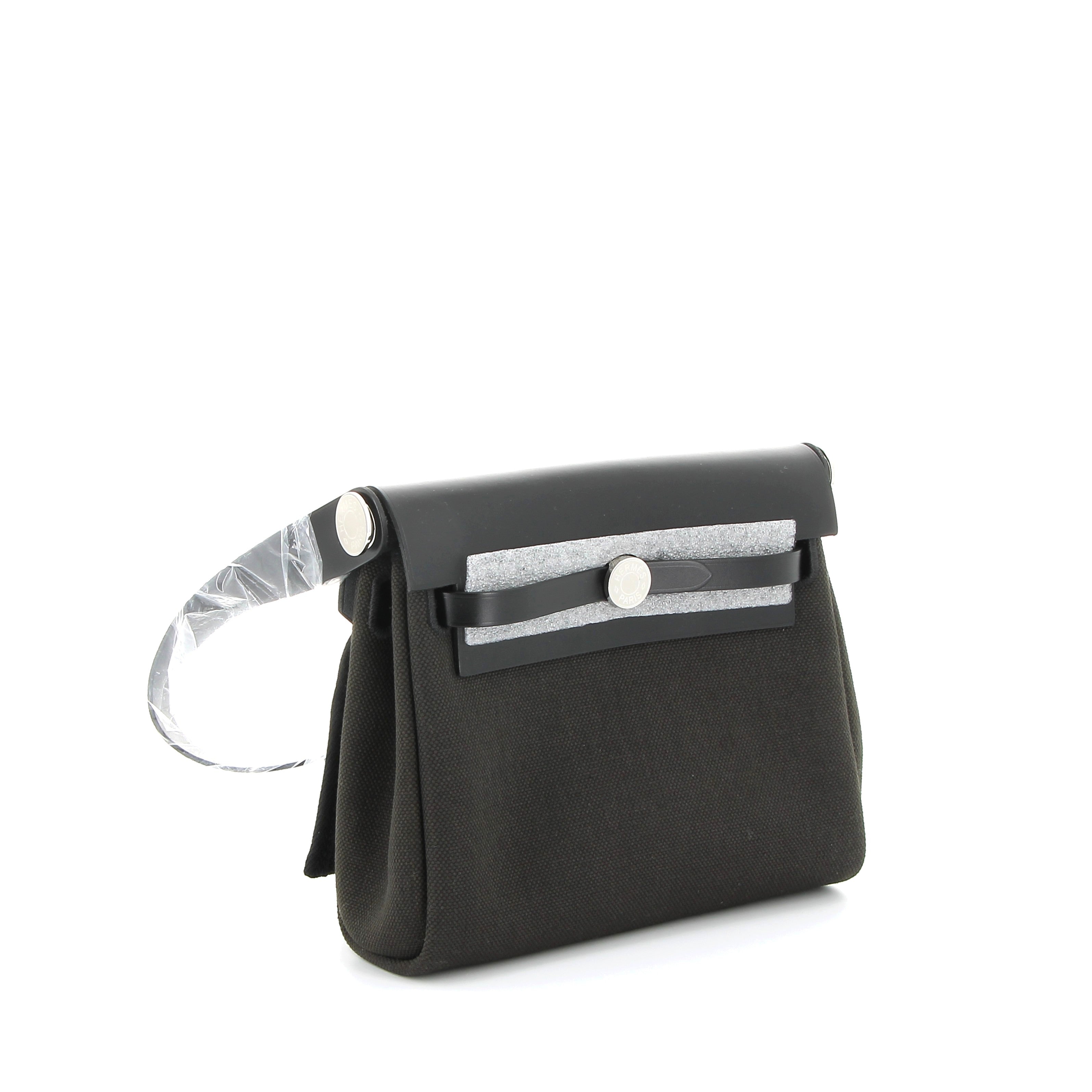 HERMÈS Mini Herbag 20 Noir Swift/Toile Finition Palladié