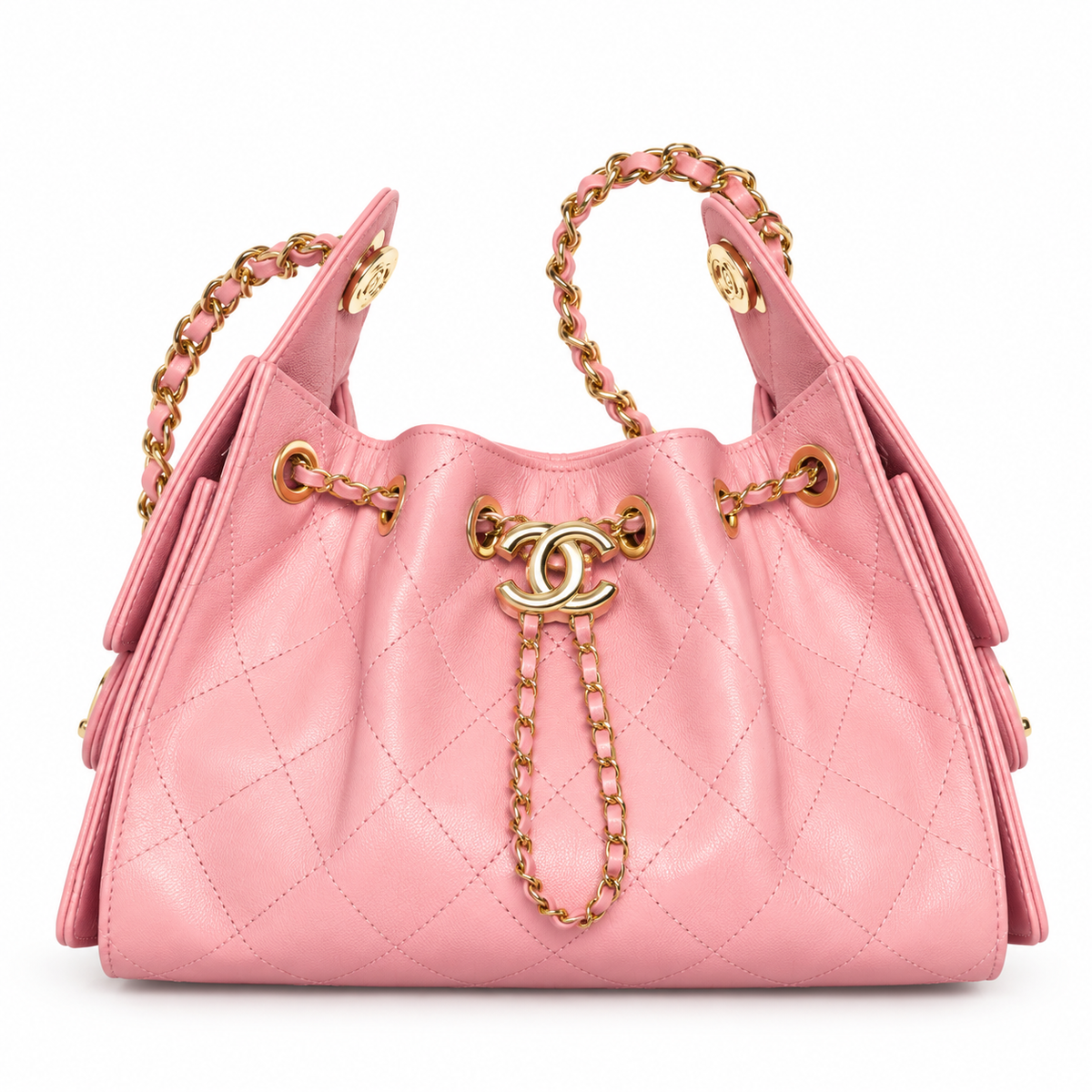 CHANEL 25 MINI HANDBAG CUIR DE VEAU GRAINÉ ROSE CLAIR FINITION OR JAUNE