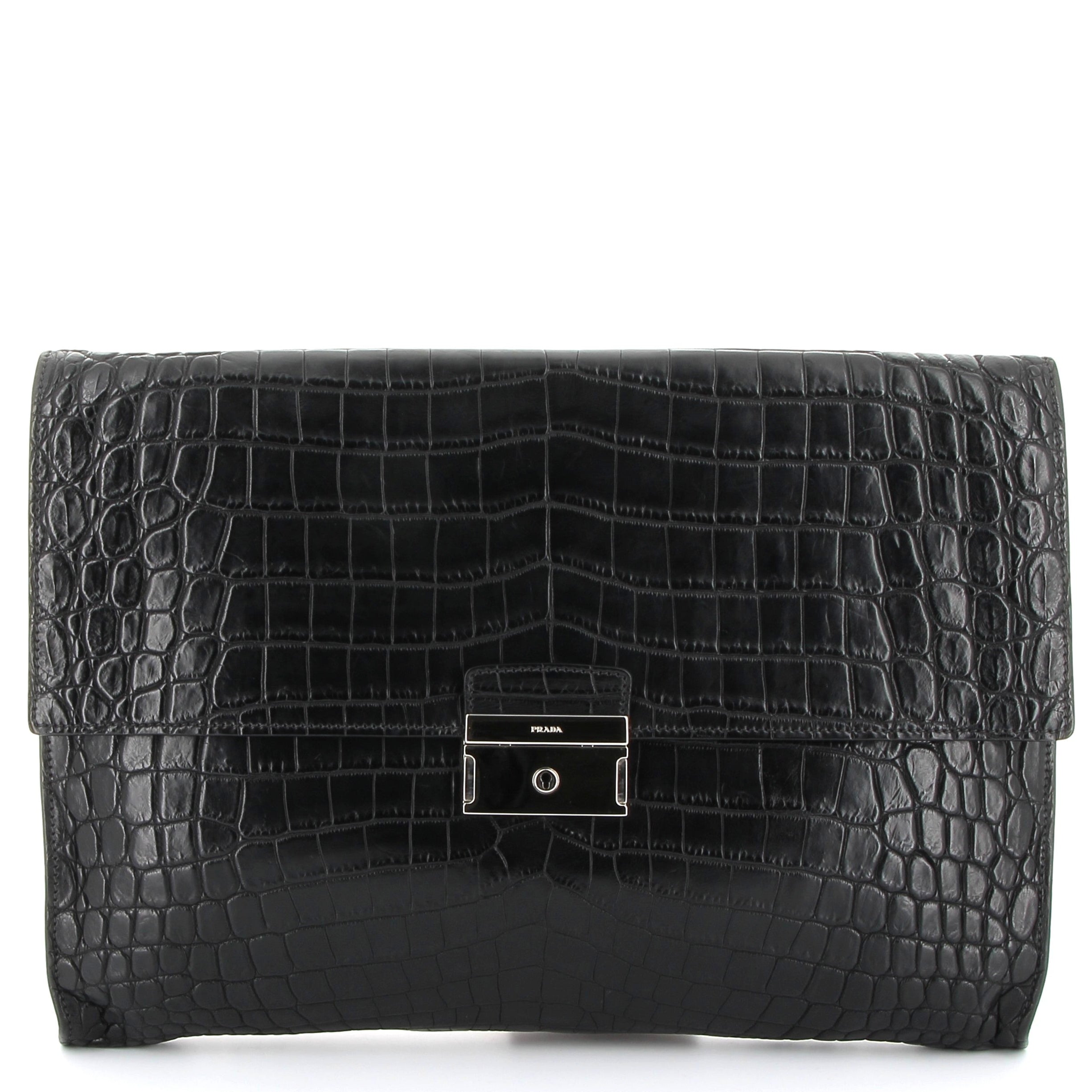 PRADA Pochette Noir Crocodile Finition Palladié