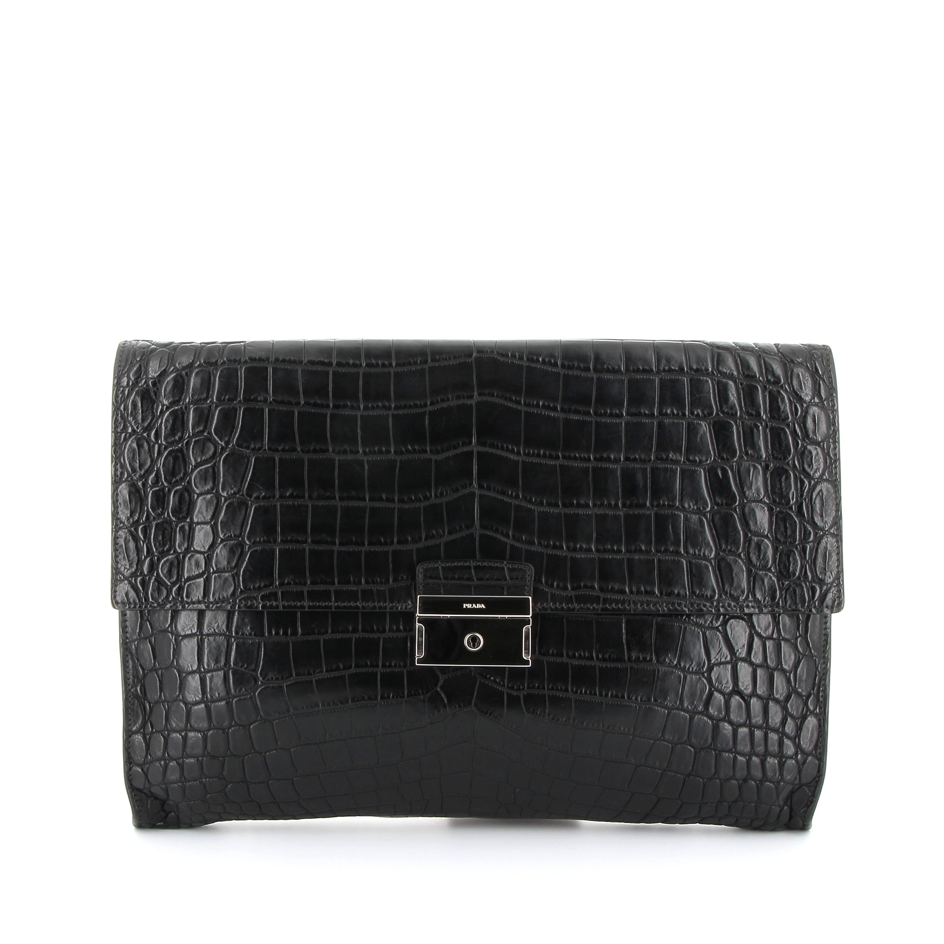 PRADA Pochette Noir Crocodile Finition Palladié
