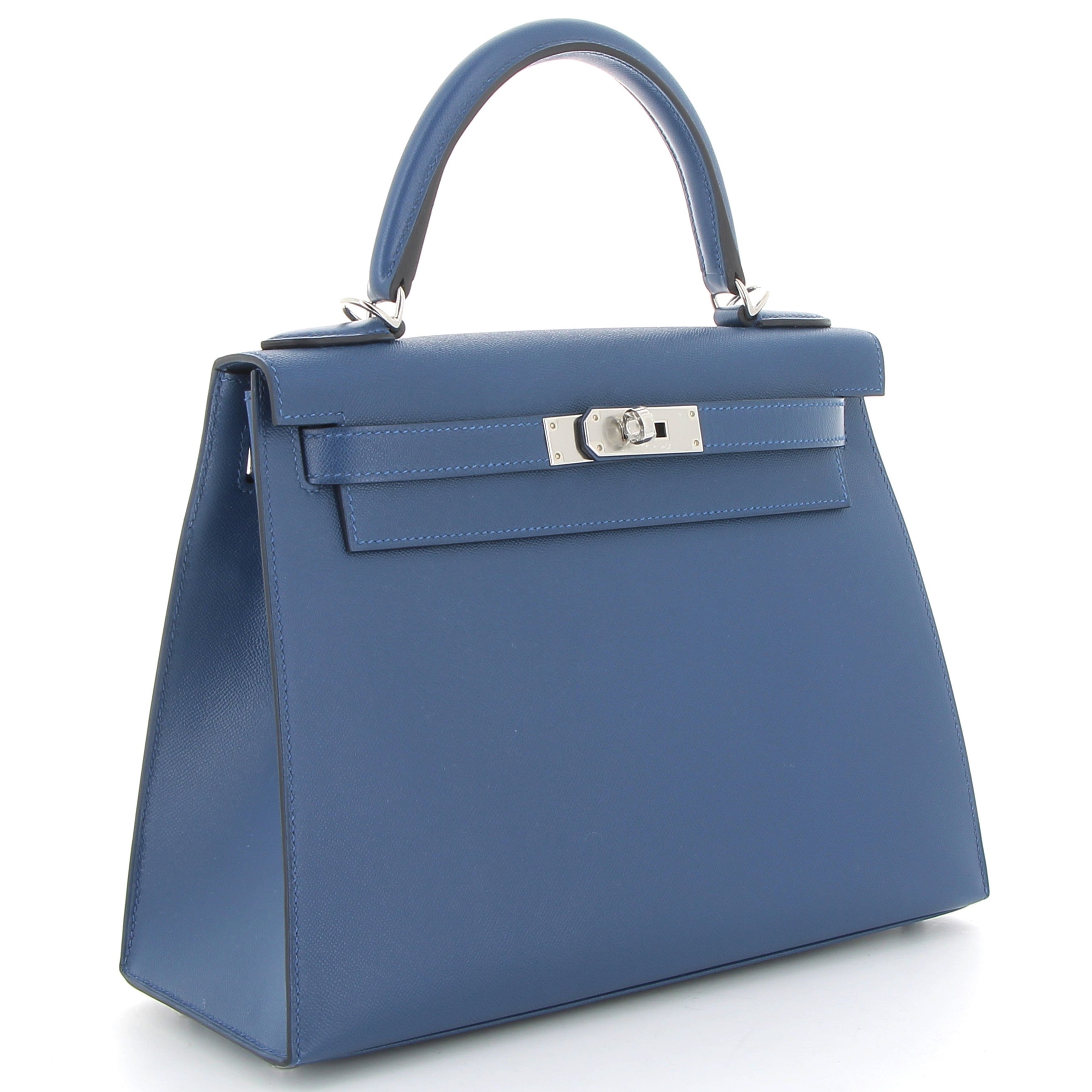 HERMES Kelly 28 Bleu Tie Cuir Veau Madame Finition Palladié