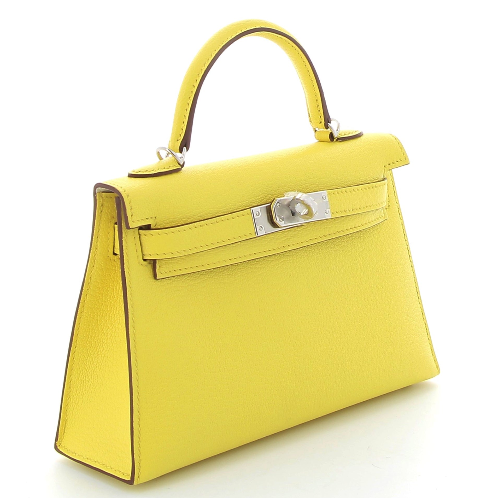 HERMES Kelly 20 Jaune Citron/Mushroom Cuir Chèvre Finition Palladié