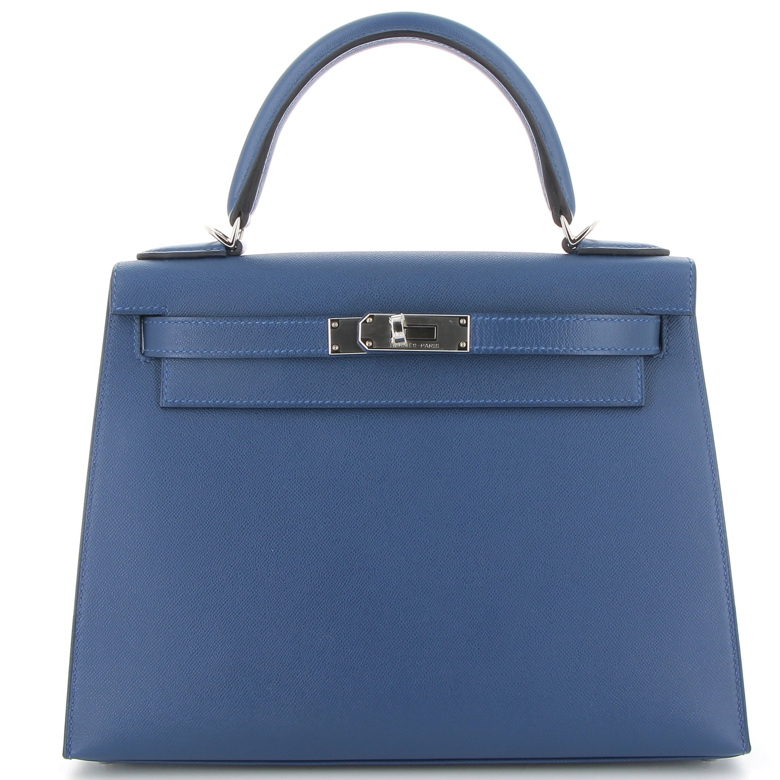 HERMES Kelly 28 Bleu Tie Cuir Veau Madame Finition Palladié