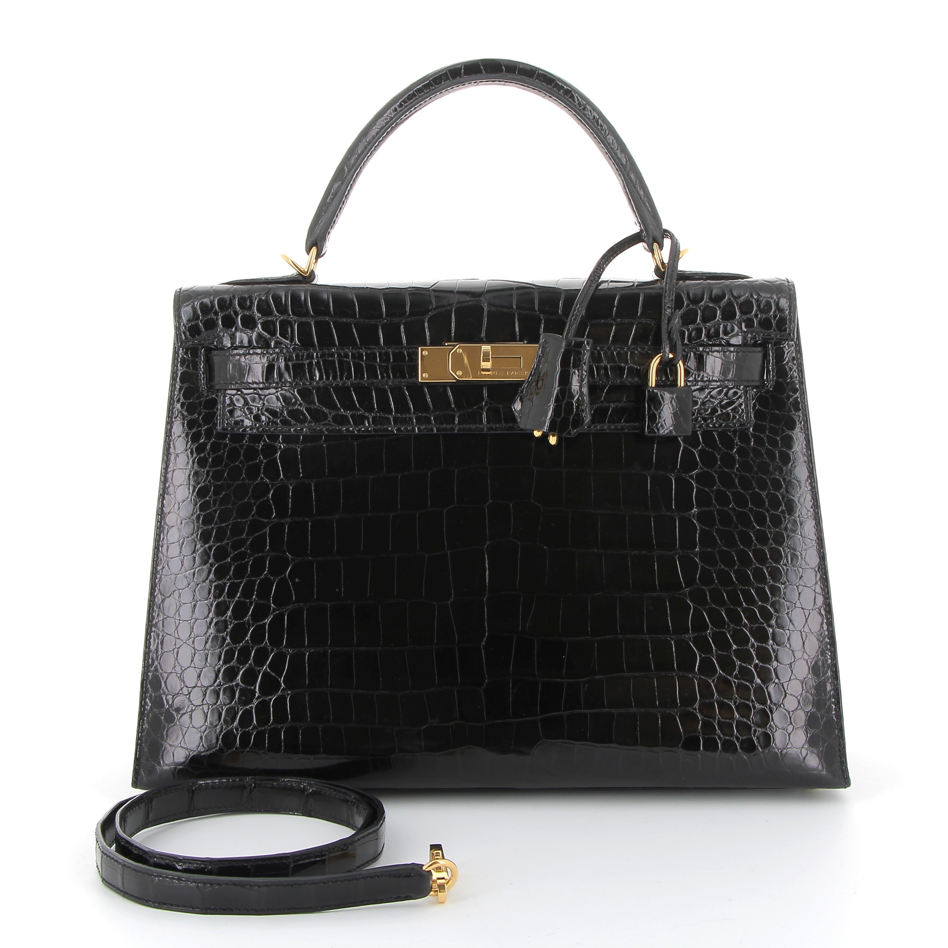 HERMES Kelly 32 Noir Sellier Crocodile Porosus Finition Or Jaune